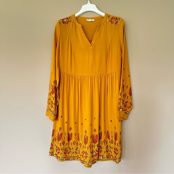 Women M Boho Long Sleeve Dress Embroidered V Neck India Mustard Gold Geometric - Picture 3 of 11